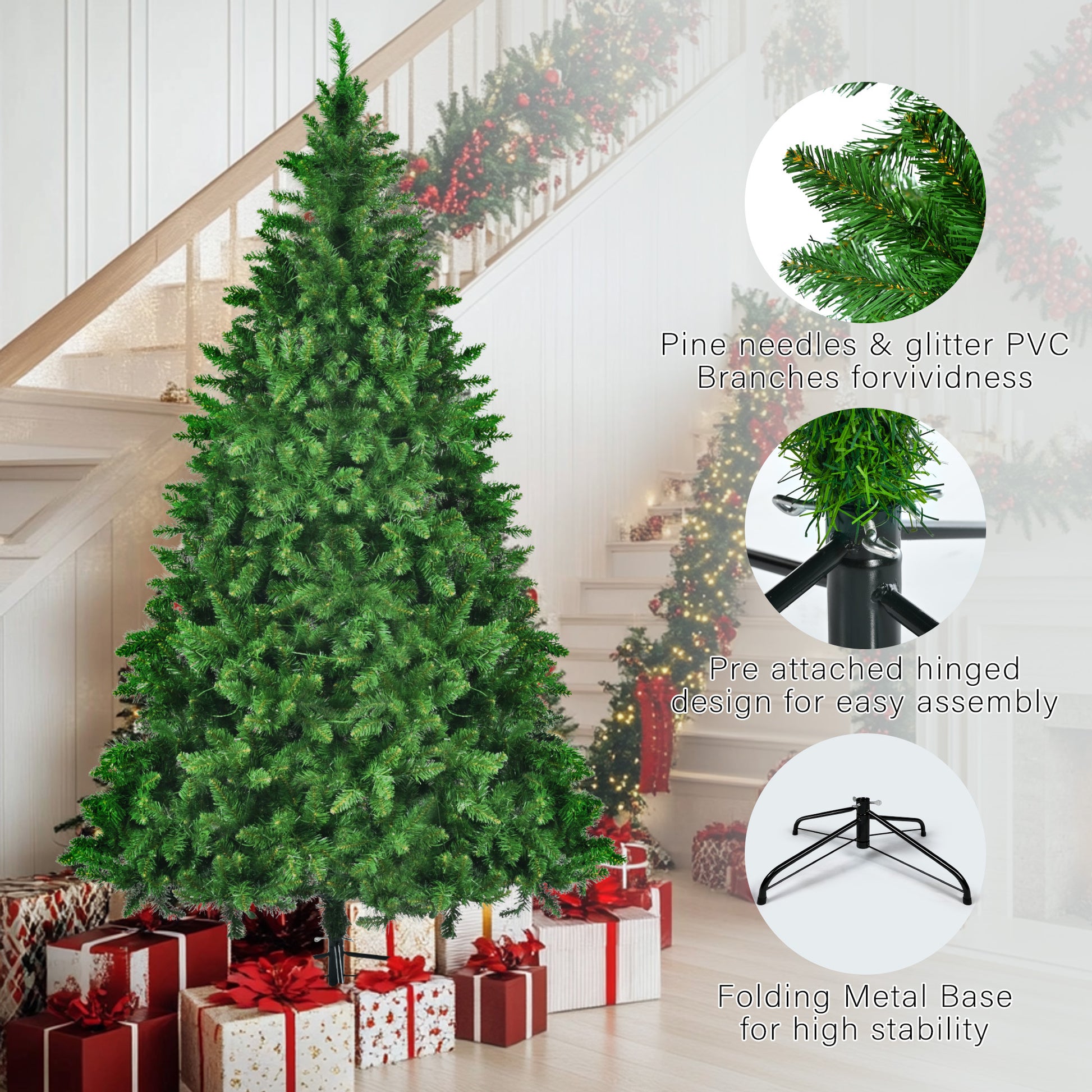 8ft, 6ft, 4ft Pre-Lit Green Pine Artificial Christmas Tree, 3 Articulated Christmas Trees With 820 Warm Yellow LED Lights & 2539 Branch Tips For Festive Decoration For Home, Office & Party by SHOPEEZONE