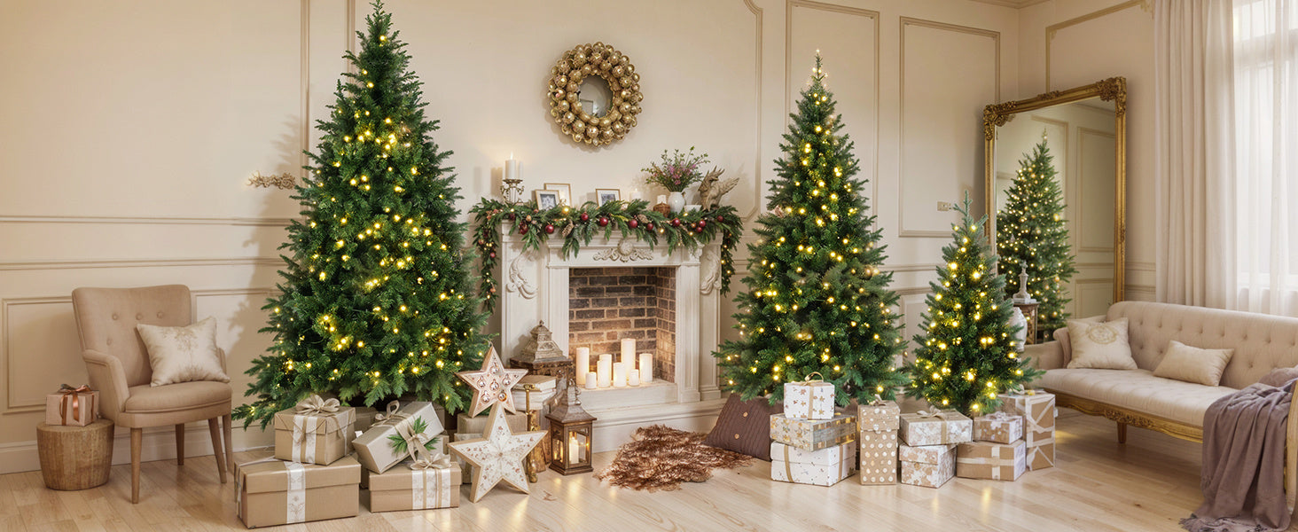 8ft, 6ft, 4ft Pre-Lit Green Pine Artificial Christmas Tree, 3 Articulated Christmas Trees With 820 Warm Yellow LED Lights & 2539 Branch Tips For Festive Decoration For Home, Office & Party by SHOPEEZONE