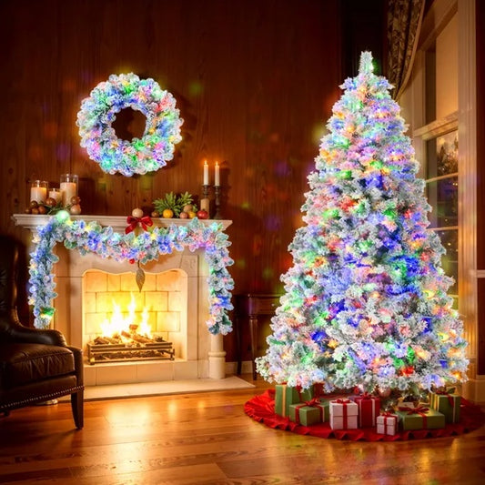 6FT Snow Flocked Christmas Tree Pre Lit Set With Tree Garland Wreath,Artificial Hinged Xmas Tree With Colorful LED Lights8 Lighting Modes, Pine Cones by ShopeeZone
