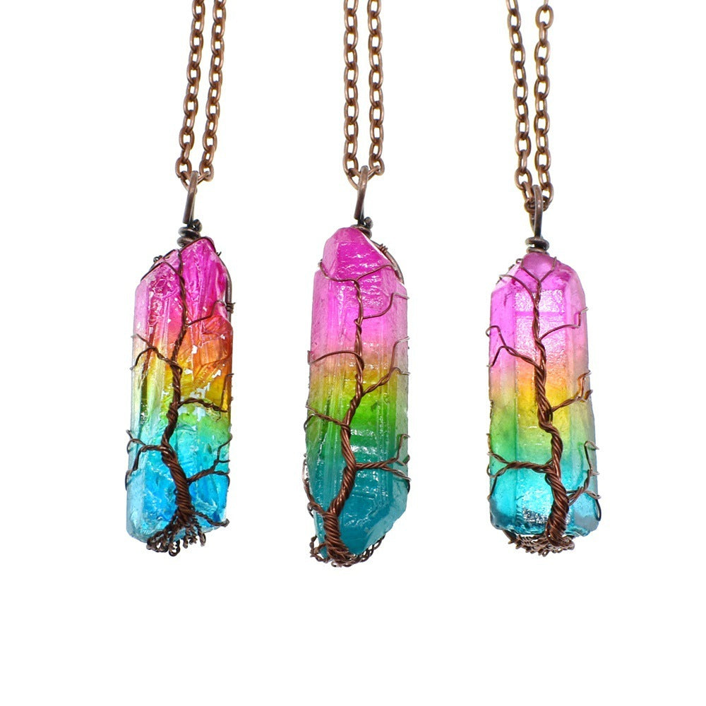Hot Selling Stone Crystal Pillar Tree Of Life Pendant Ins Fashion Necklace by SHOPEEZONE