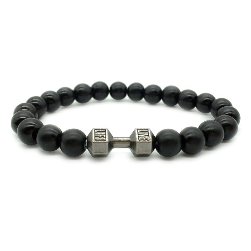 Mens Alloy Barbell Lava Rock Beads Dumbbell Bracelet