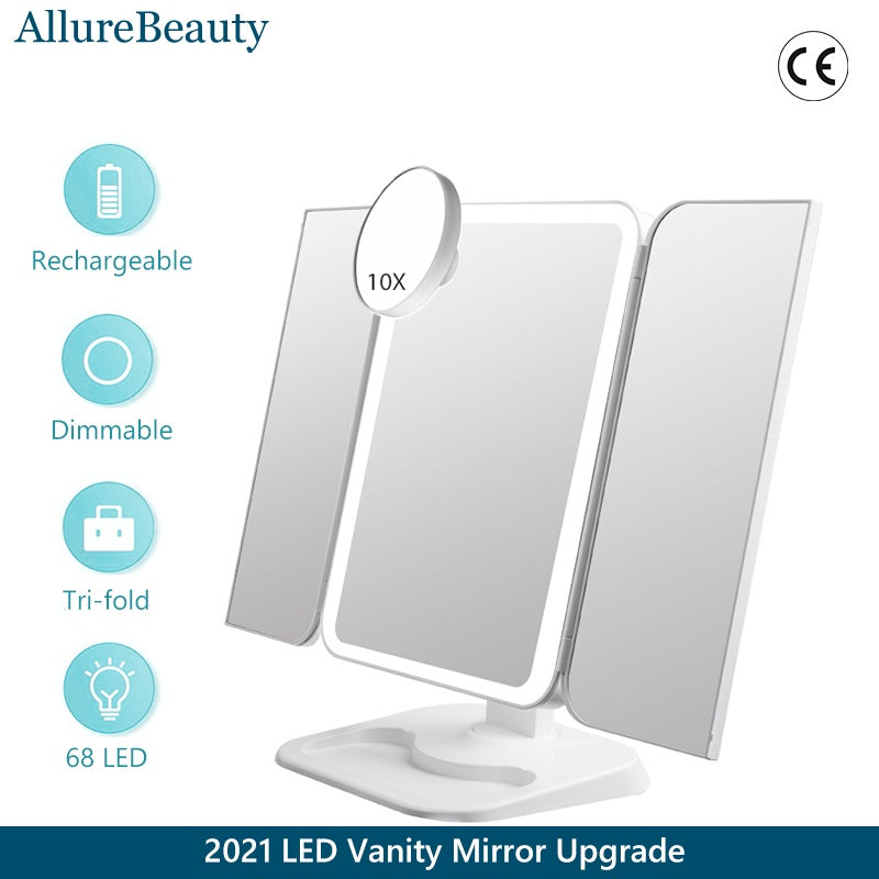 Trifold Makeup Mirror With Light 68 LED Vanity Mirrors 10X Magnifying 180Rotation by SHOPEEZONE
