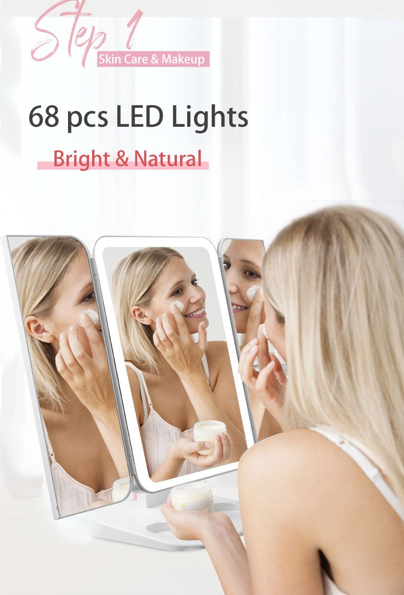 Trifold Makeup Mirror With Light 68 LED Vanity Mirrors 10X Magnifying 180Rotation by SHOPEEZONE
