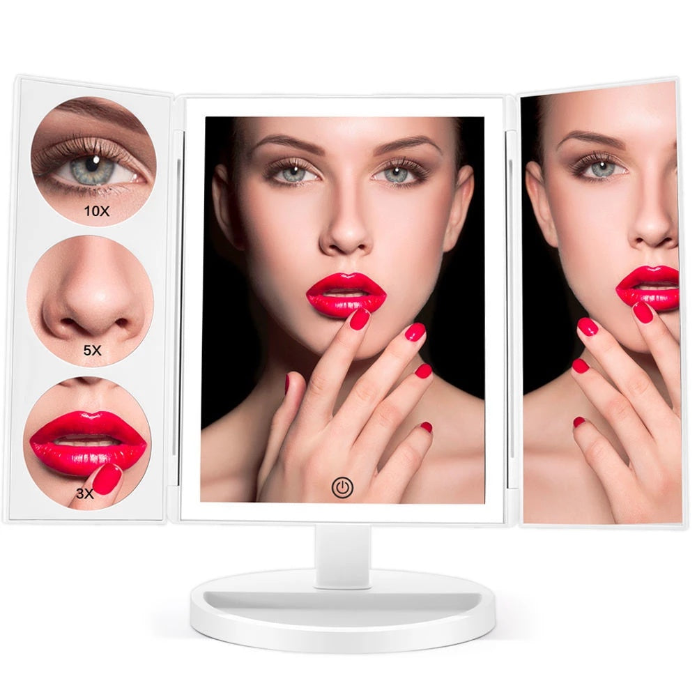 Trifold Makeup Mirror With Light 68 LED Vanity Mirrors 10X Magnifying 180Rotation by SHOPEEZONE
