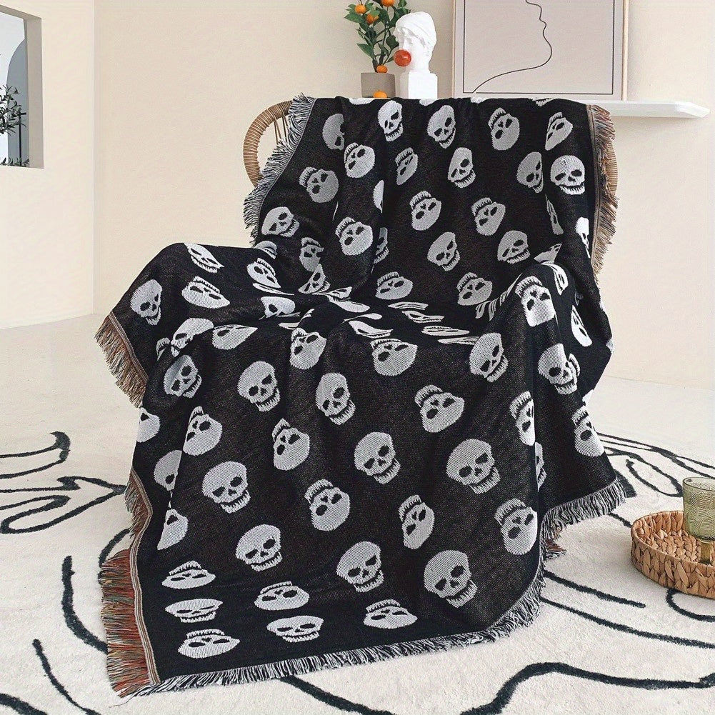 Cozy Bohemian Blanket with White Skull Print & Tassel Trim-1