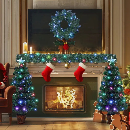 Pre-lit Optical Fiber Christmas Artificial Tree 4-Piece Set, Christmas Garland, Wreath And Set Of 2 Entrance Trees With Colorful Lights, PVC Festival Celebration Set by ShopeeZone