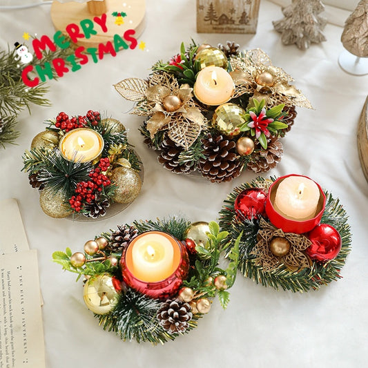 Christmas Candle Metals Candlestick Wreath Artificial Pinball Pinecone Candle Holder Fake Leaves Xmas New Year Home Table Decor by SHOPEEZONE