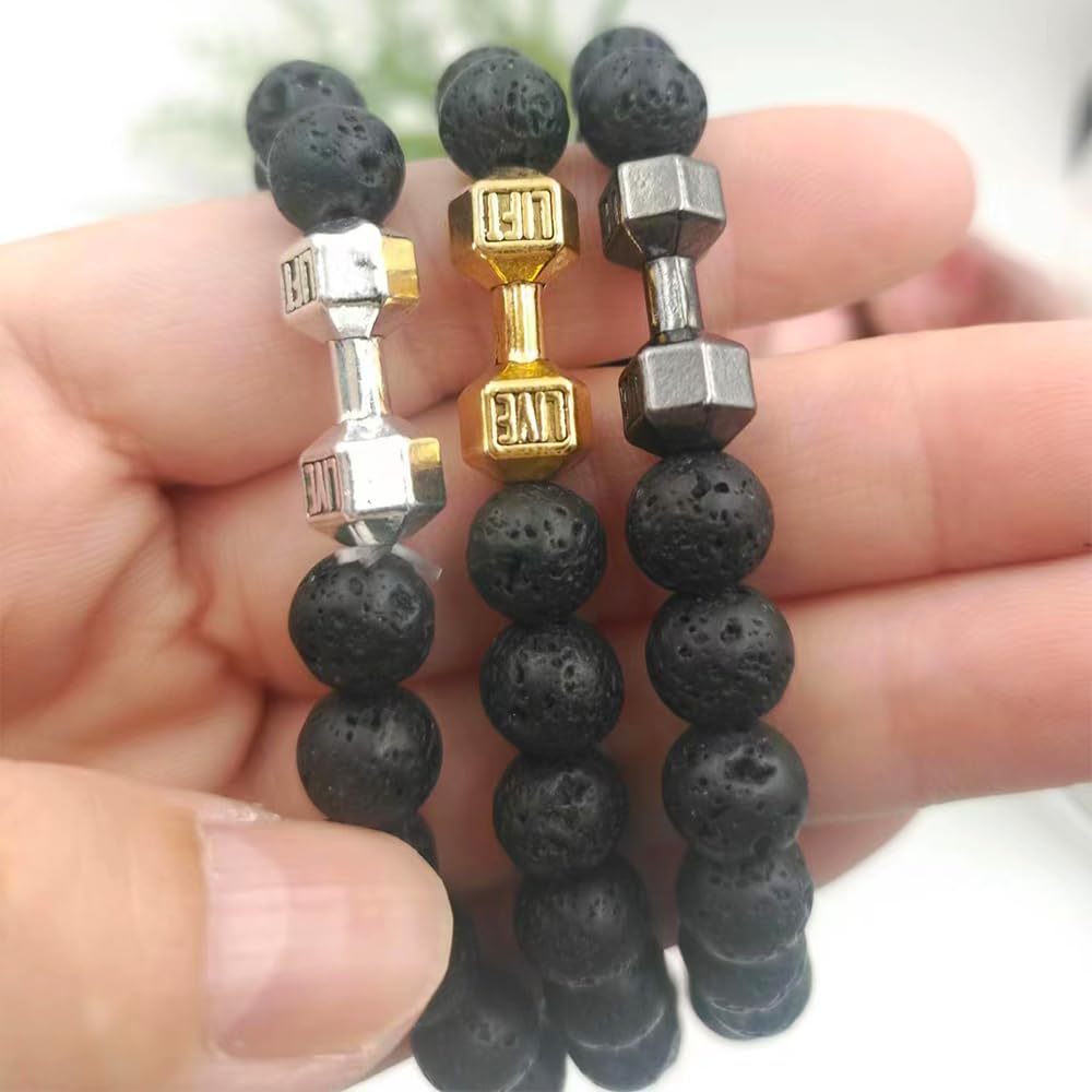 Mens Alloy Barbell Lava Rock Beads Dumbbell Bracelet