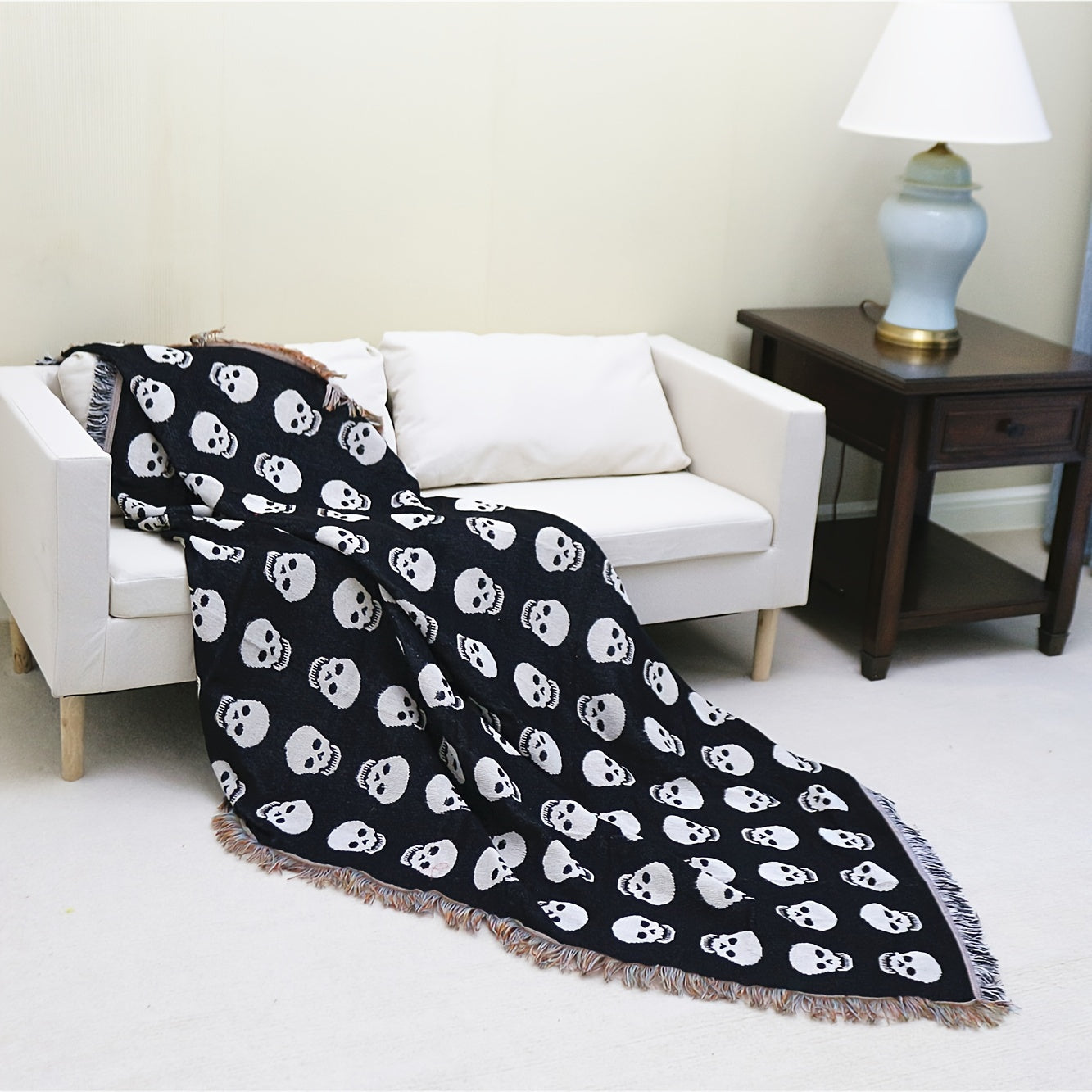 Cozy Bohemian Blanket with White Skull Print & Tassel Trim-3