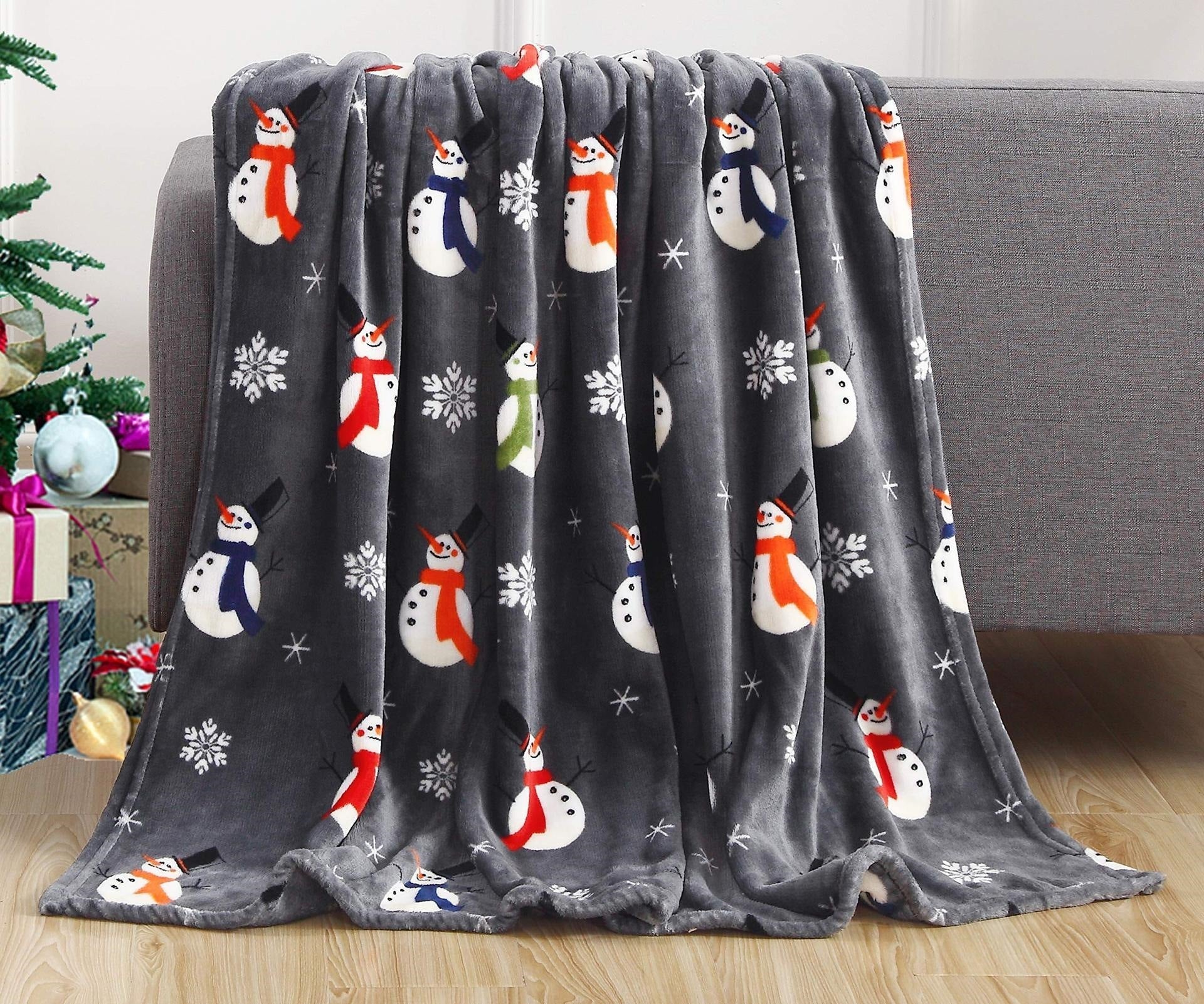 Christmas Elk Snowman Santa Claus Print Blanket Winter Double-sided Flannel Blanket For Sofa Sleeping Shawl by ShopeSmartly