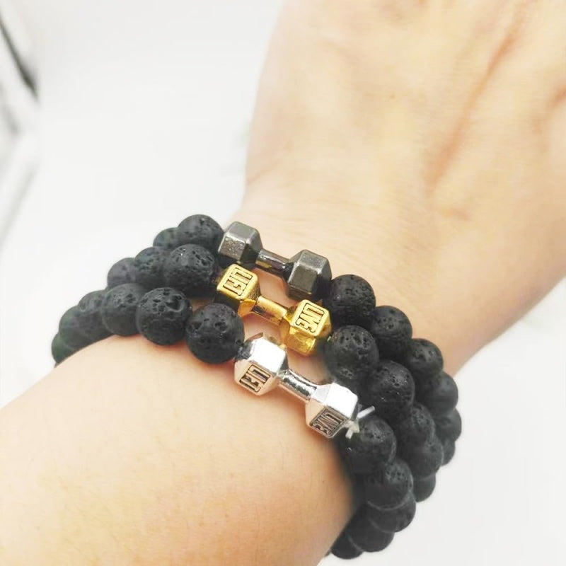 Mens Alloy Barbell Lava Rock Beads Dumbbell Bracelet