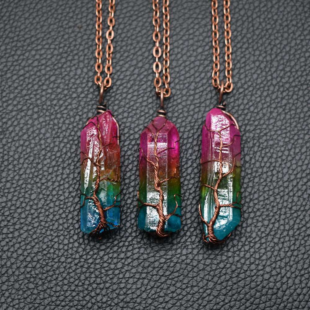 Hot Selling Stone Crystal Pillar Tree Of Life Pendant Ins Fashion Necklace by SHOPEEZONE