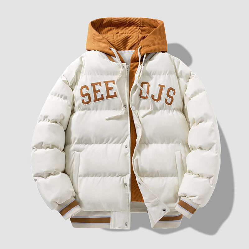 Fashion Letter Hooded Cotton Coat Winter Warm Solid Zipper Jacket For Men Teenagers Clothing by SHOPEEZONE