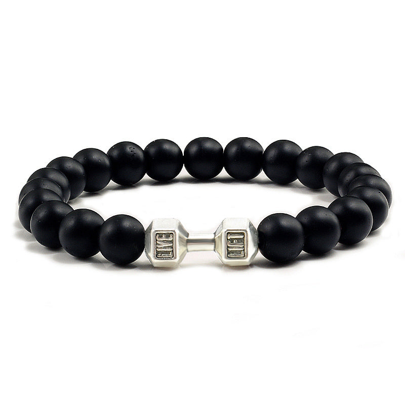 Mens Alloy Barbell Lava Rock Beads Dumbbell Bracelet
