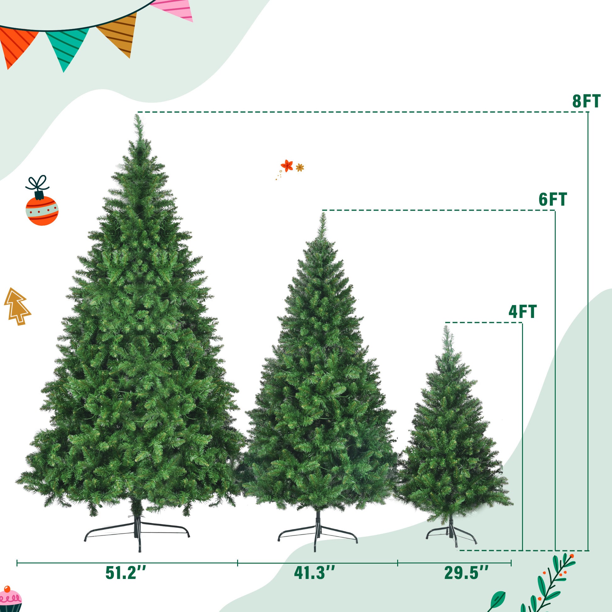 8ft, 6ft, 4ft Pre-Lit Green Pine Artificial Christmas Tree, 3 Articulated Christmas Trees With 820 Warm Yellow LED Lights & 2539 Branch Tips For Festive Decoration For Home, Office & Party by SHOPEEZONE
