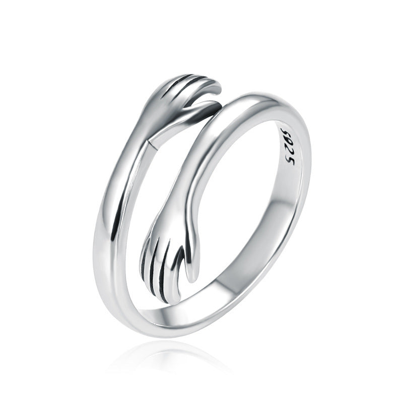 925 Sterling Silver Two-handed Hug Ring Female Retro Thai Silver Simple Ring