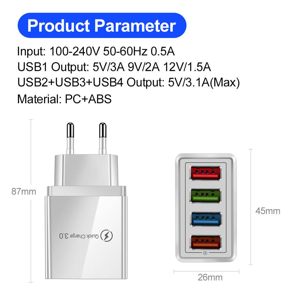 USB Charger Quick Charge 3.0 4 Phone Adapter For Tablet Portable Wall Mobile Charger Fast Charger by SHOPEEZONE