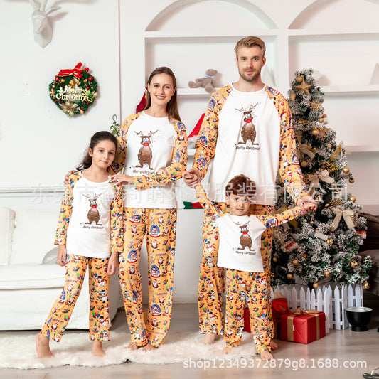 European And American New Parent-child Christmas Suits Parent-child Home Clothes Spot Family Wear Cartoon Yellow Printed Christmas Clothes