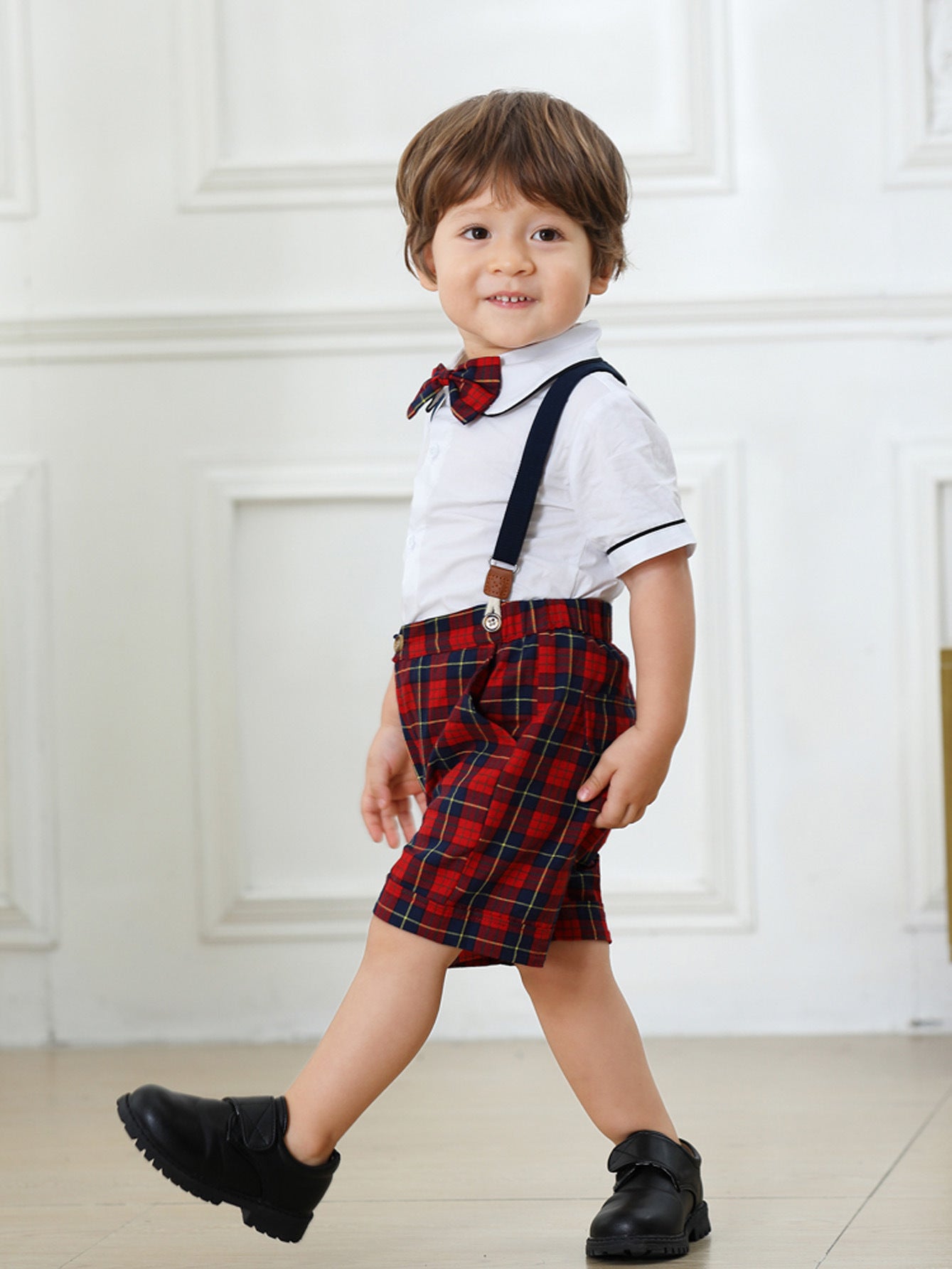 Cross-border Fashion Gentlemen's Dress For Boys And Girls Summer New Short-sleeved Plaid Shorts Suit Children's Performance Suit Brother And Sister Suit