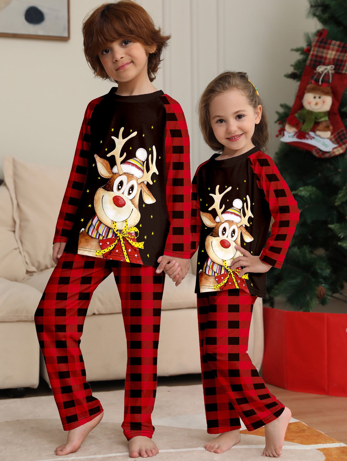 Fawn Cartoon Print Holiday Home Clothing New Plaid Christmas Parent-child Suit Pajamas