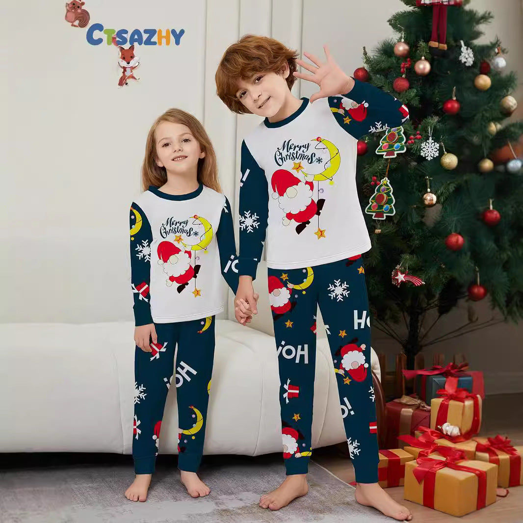 2024 Europe And The United States Cross-border New Santa Claus Letters Snowflake Christmas Parent-child Printed Home Clothes Pajamas