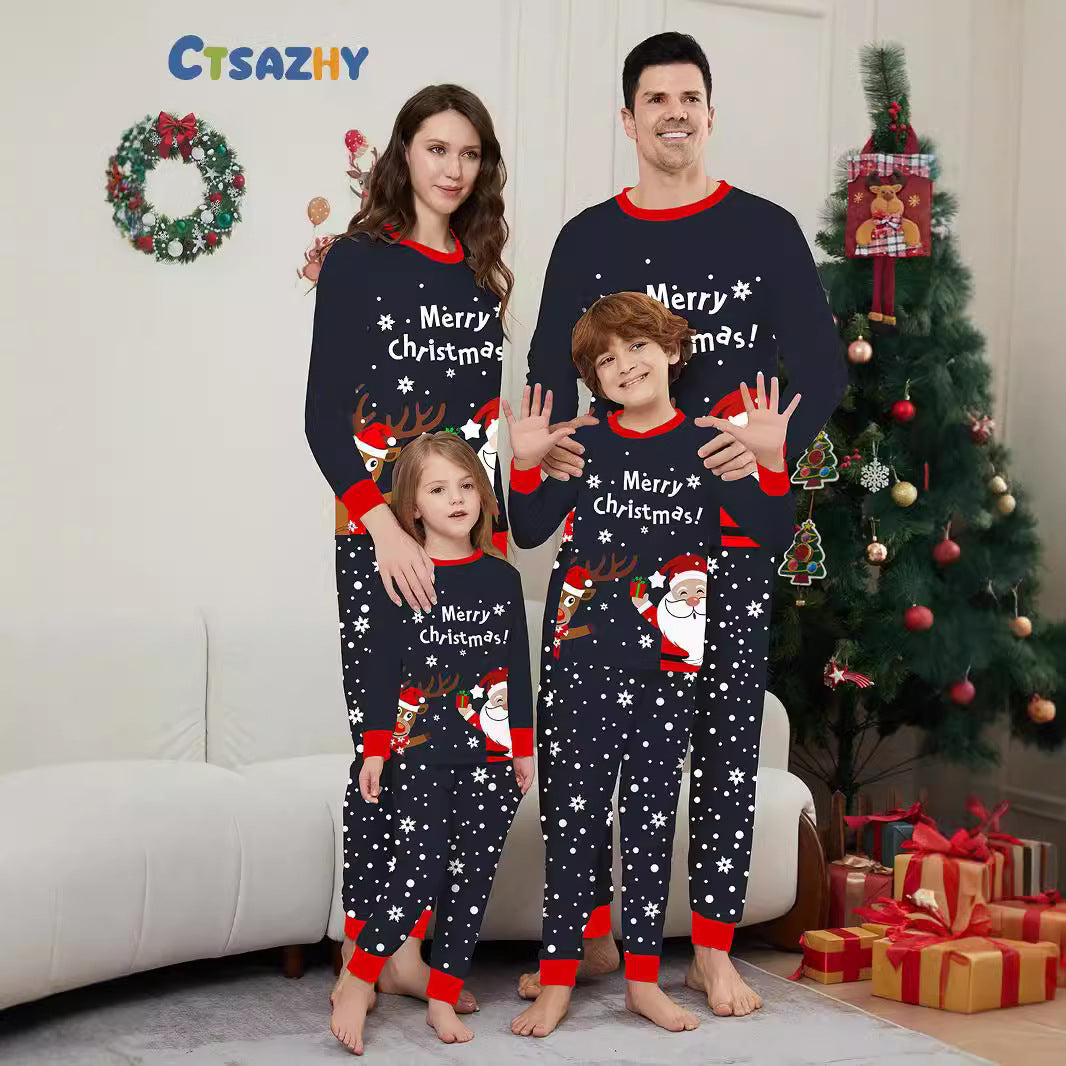 New Christmas Clothes Suit Long Clothes Trousers Cross-border Santa Claus Fawn Print Full Flower Home Clothes Pajamas