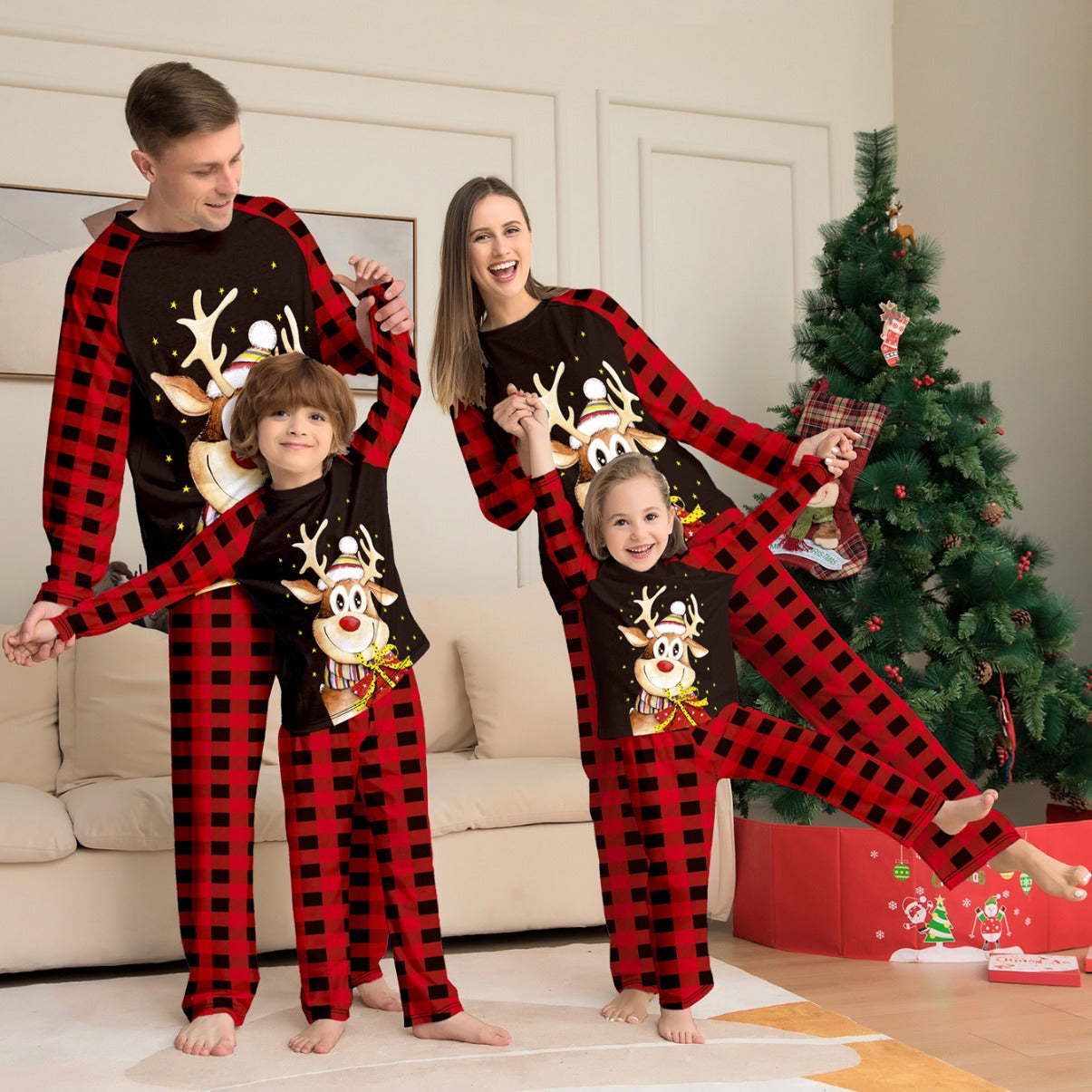 Fawn Cartoon Print Holiday Home Clothing New Plaid Christmas Parent-child Suit Pajamas