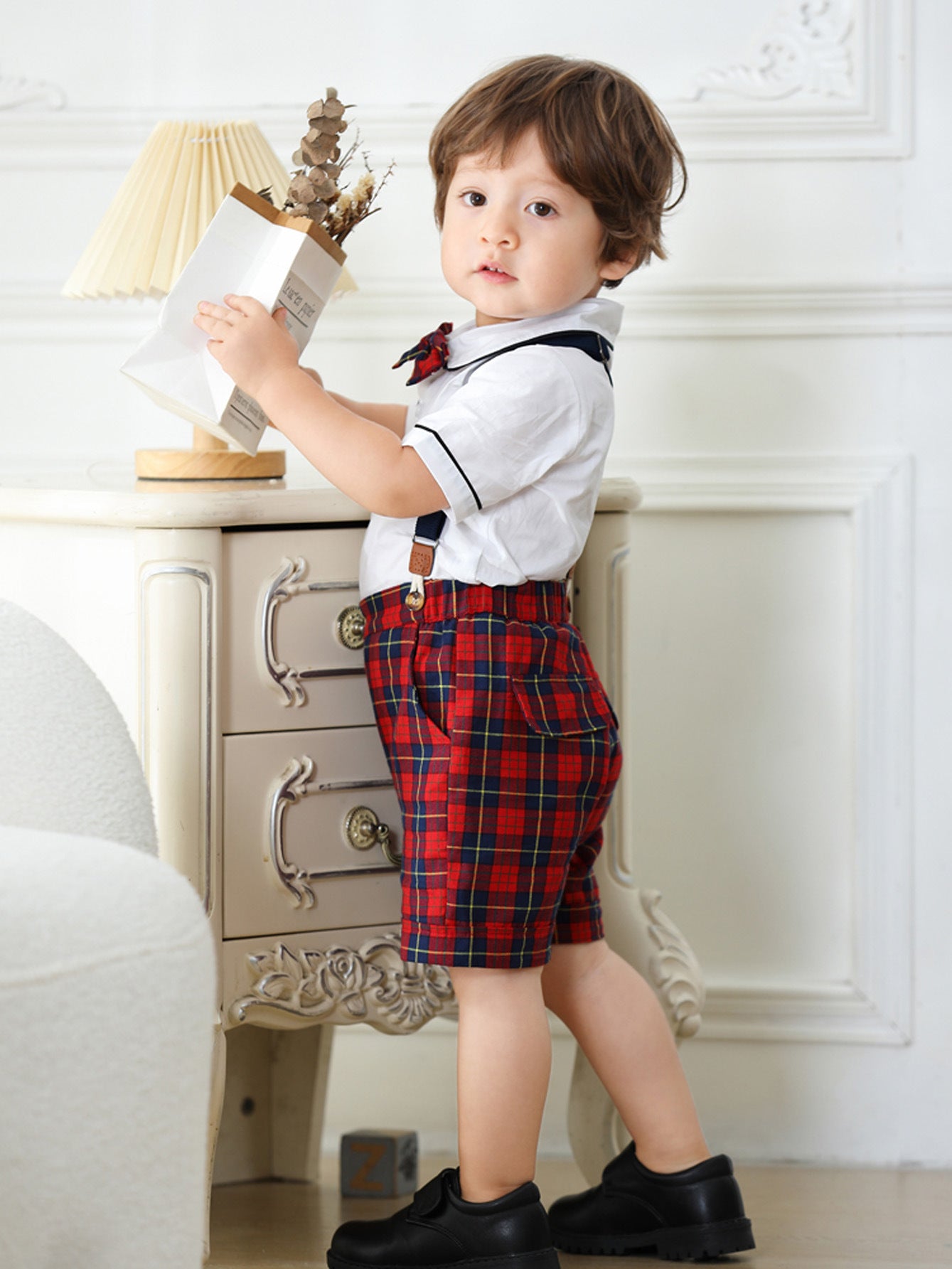 Cross-border Fashion Gentlemen's Dress For Boys And Girls Summer New Short-sleeved Plaid Shorts Suit Children's Performance Suit Brother And Sister Suit