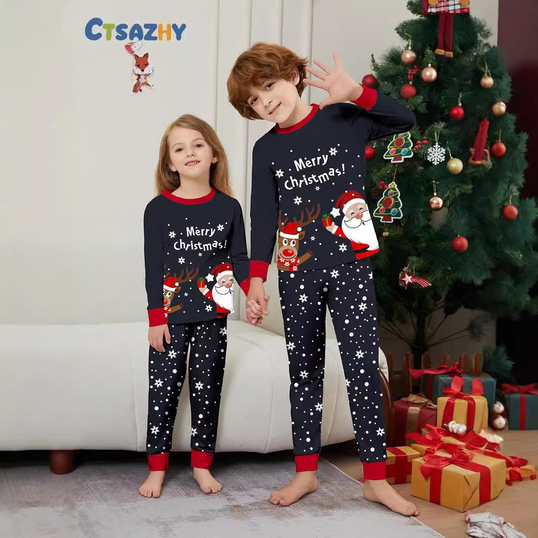 New Christmas Clothes Suit Long Clothes Trousers Cross-border Santa Claus Fawn Print Full Flower Home Clothes Pajamas