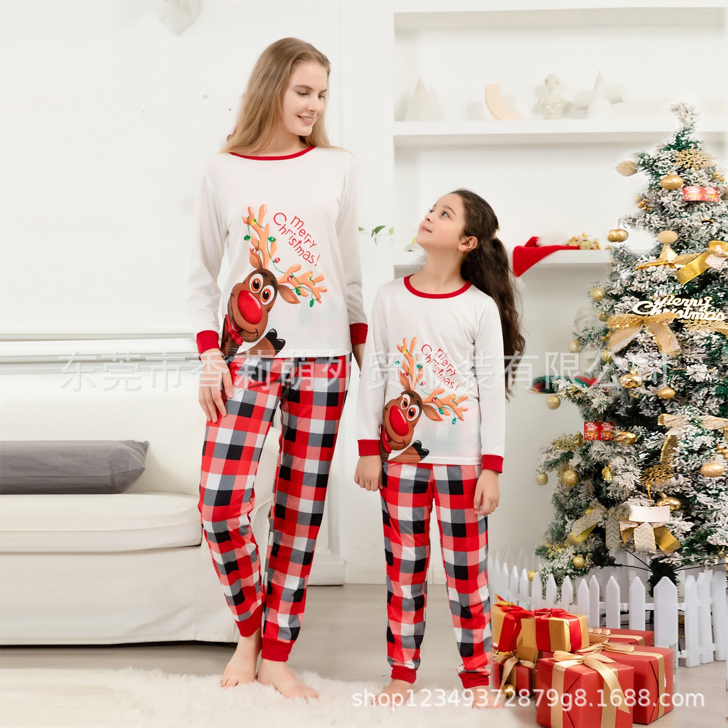 2022 New Christmas Elk Homewear Long-sleeved Suit European And American Printing Parent-child Pajamas
