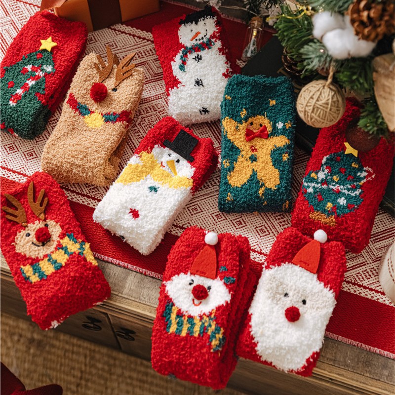 Christmas Socks Women's Winter Thickened Warm Coral Fleece Sleep Socks Elk Snowman Christmas Tree Socks Red Socks