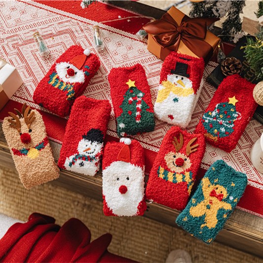 Christmas Socks Women's Winter Thickened Warm Coral Fleece Sleep Socks Elk Snowman Christmas Tree Socks Red Socks