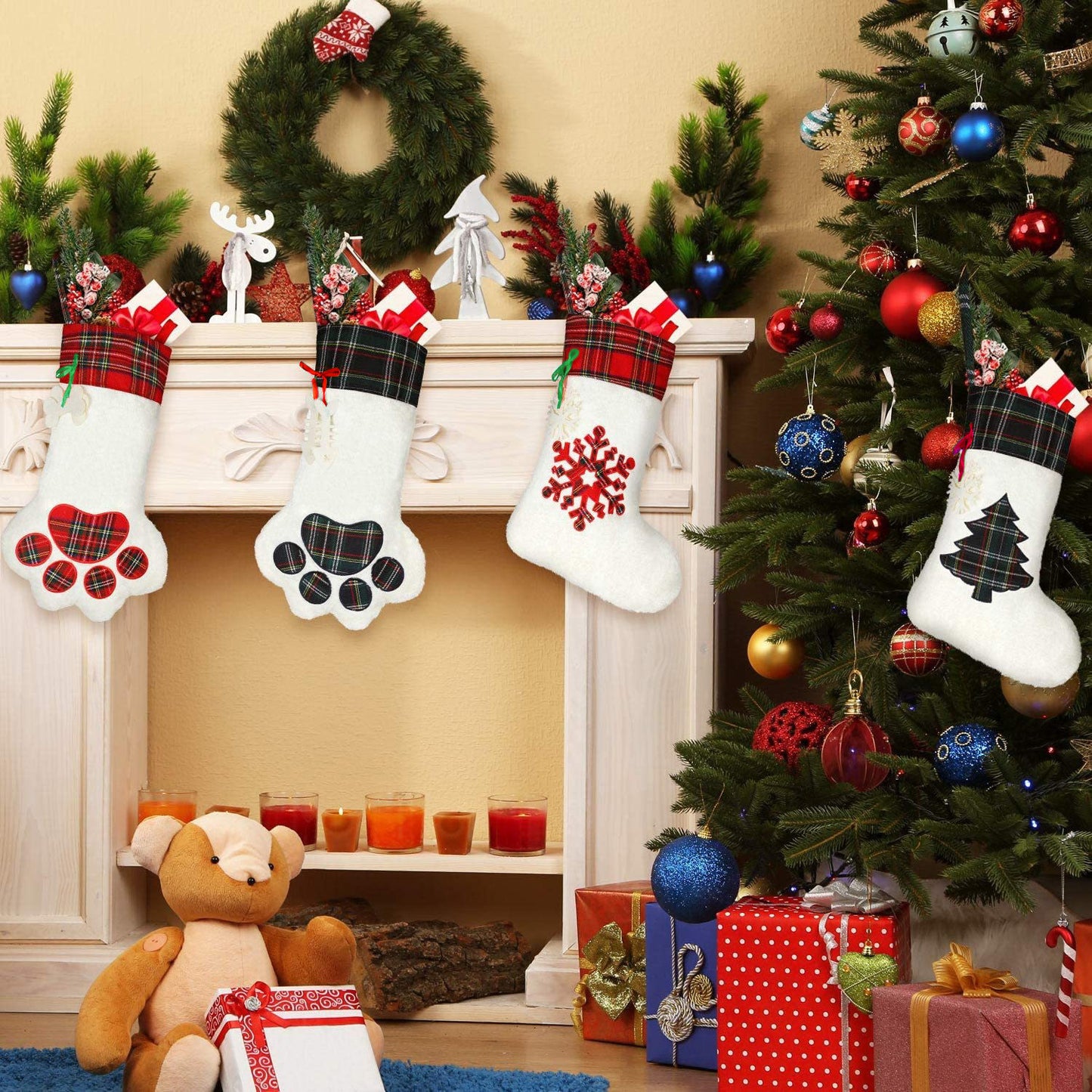 Decorations Christmas Socks Gift Bag Dog Paw Christmas Socks Plaid Bone Socks