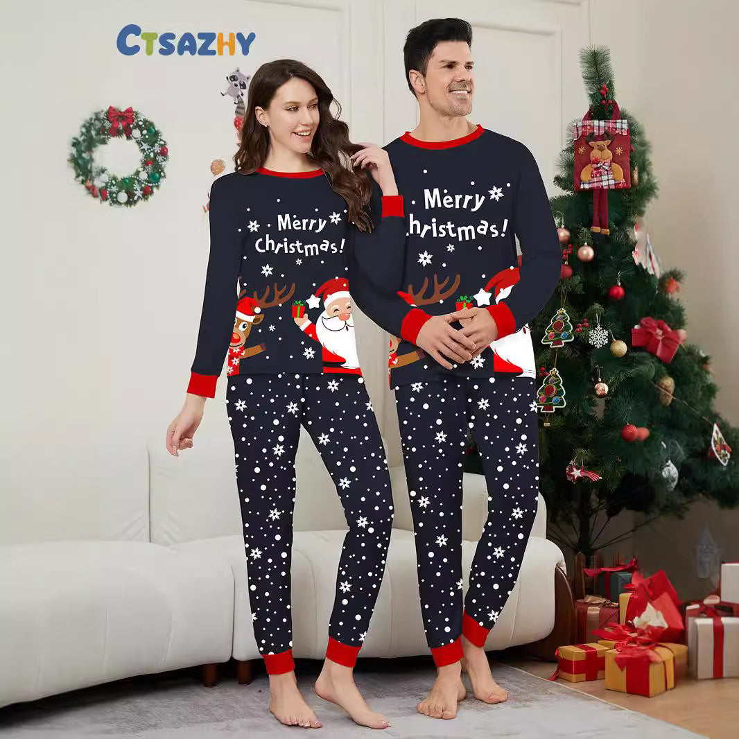 New Christmas Clothes Suit Long Clothes Trousers Cross-border Santa Claus Fawn Print Full Flower Home Clothes Pajamas