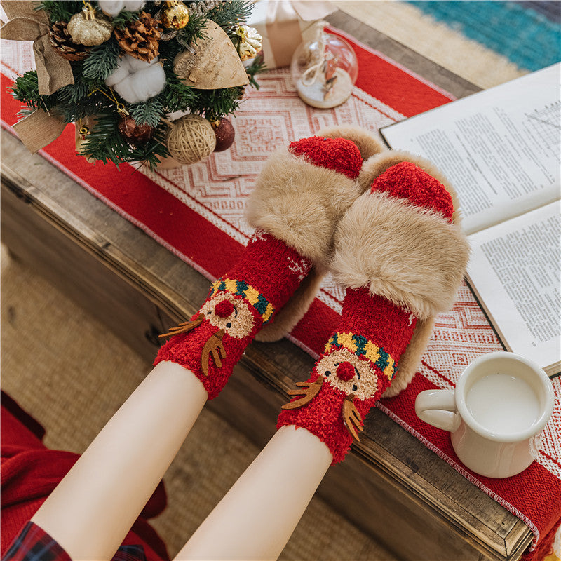 Christmas Socks Women's Winter Thickened Warm Coral Fleece Sleep Socks Elk Snowman Christmas Tree Socks Red Socks