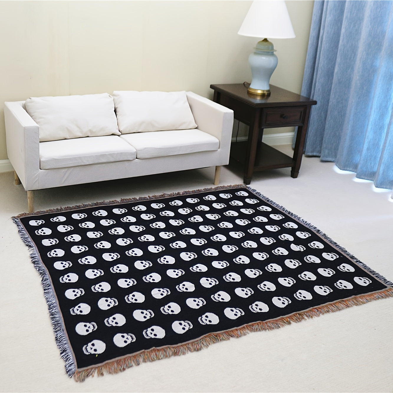 Cozy Bohemian Blanket with White Skull Print & Tassel Trim-2