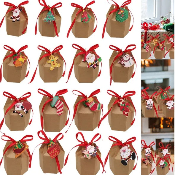 24 Pcs Christmas Gift Boxes With Ribbon And Cards Cartoon Santa Claus Reindeer Snowman Pattern Box Paper Cookies Candy Treat Boxes For Christmas Party Favor Supplies by ShopeeZone