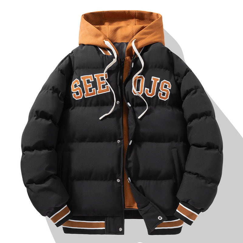 Fashion Letter Hooded Cotton Coat Winter Warm Solid Zipper Jacket For Men Teenagers Clothing by SHOPEEZONE