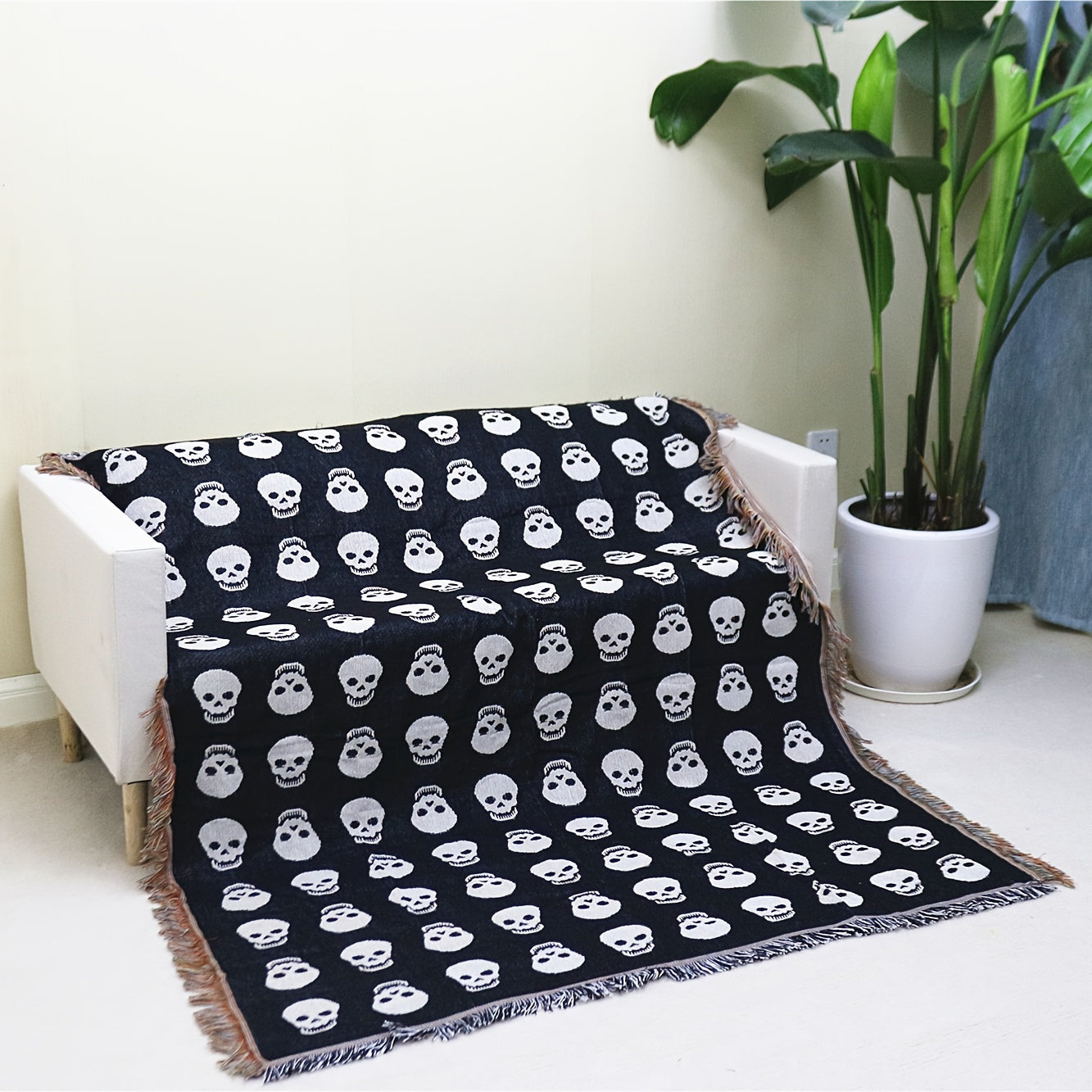 Cozy Bohemian Blanket with White Skull Print & Tassel Trim-4