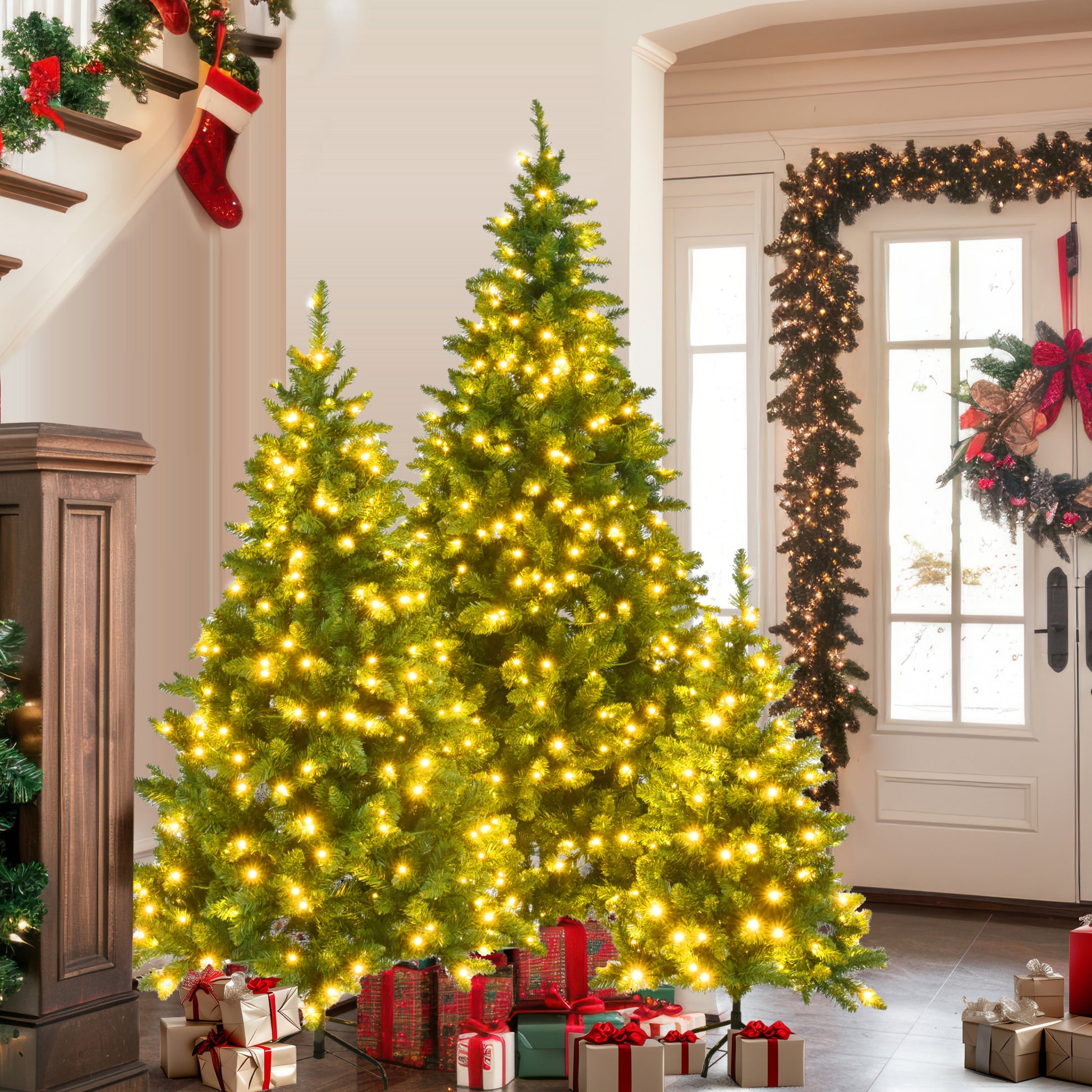 8ft, 6ft, 4ft Pre-Lit Green Pine Artificial Christmas Tree, 3 Articulated Christmas Trees With 820 Warm Yellow LED Lights & 2539 Branch Tips For Festive Decoration For Home, Office & Party by SHOPEEZONE
