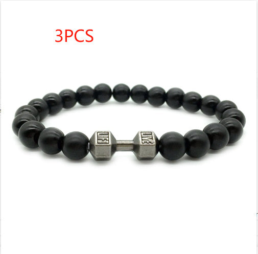 Mens Alloy Barbell Lava Rock Beads Dumbbell Bracelet