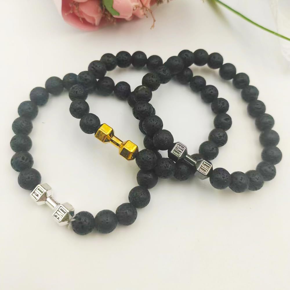 Mens Alloy Barbell Lava Rock Beads Dumbbell Bracelet