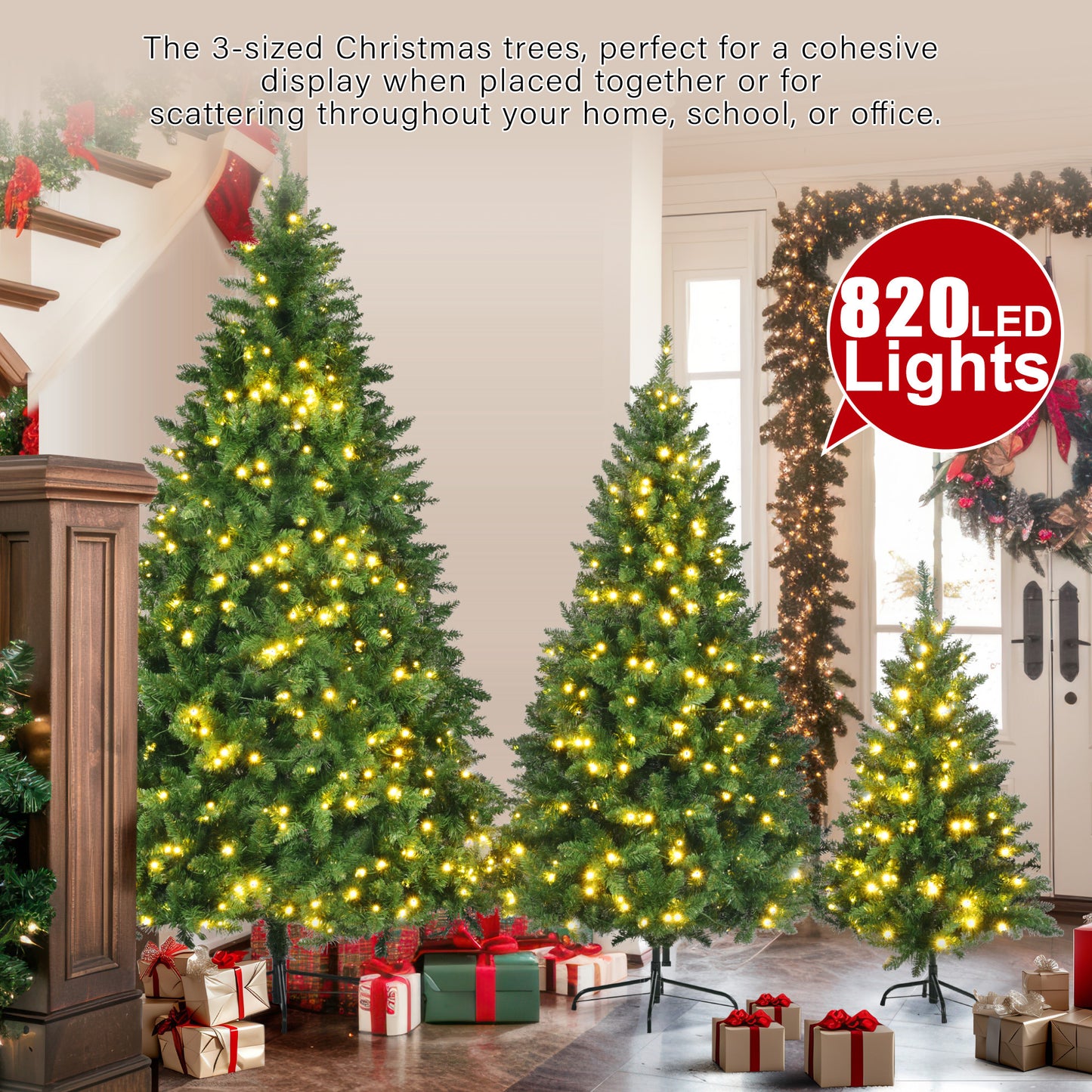 8ft, 6ft, 4ft Pre-Lit Green Pine Artificial Christmas Tree, 3 Articulated Christmas Trees With 820 Warm Yellow LED Lights & 2539 Branch Tips For Festive Decoration For Home, Office & Party by SHOPEEZONE
