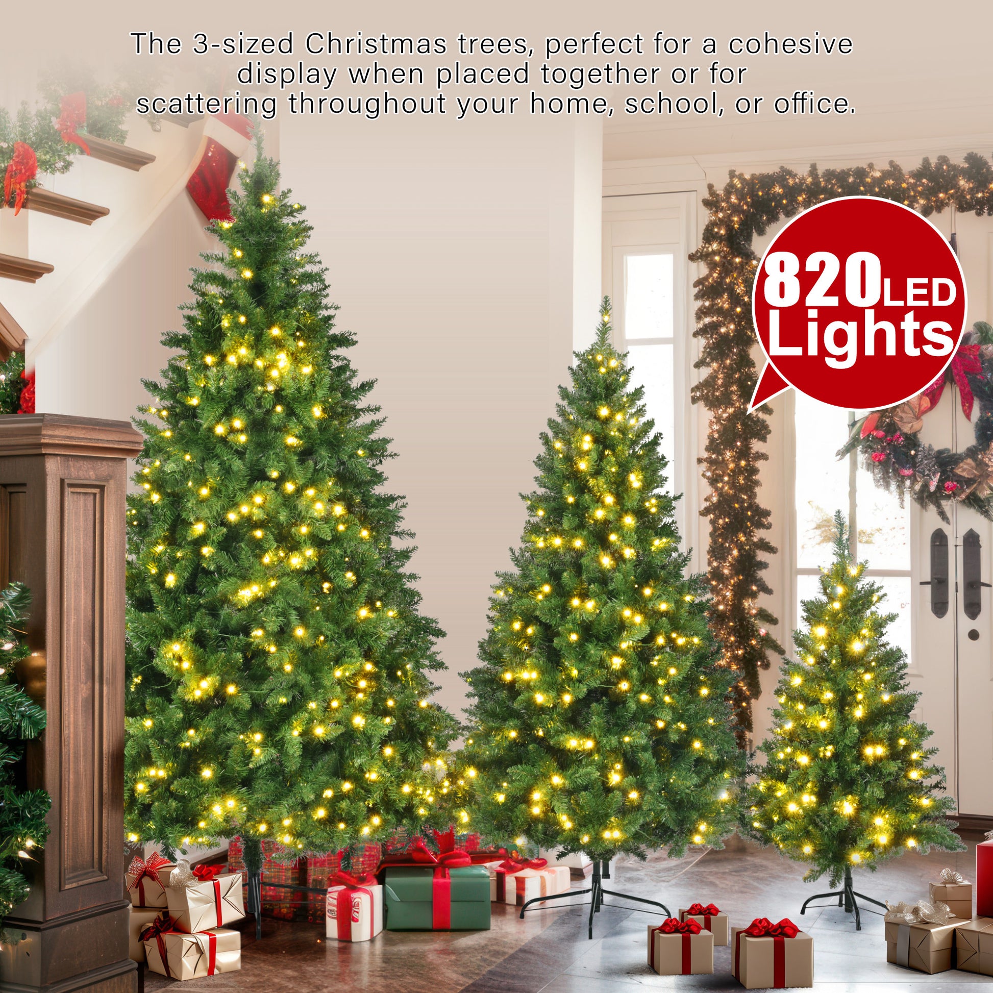 8ft, 6ft, 4ft Pre-Lit Green Pine Artificial Christmas Tree, 3 Articulated Christmas Trees With 820 Warm Yellow LED Lights & 2539 Branch Tips For Festive Decoration For Home, Office & Party by SHOPEEZONE