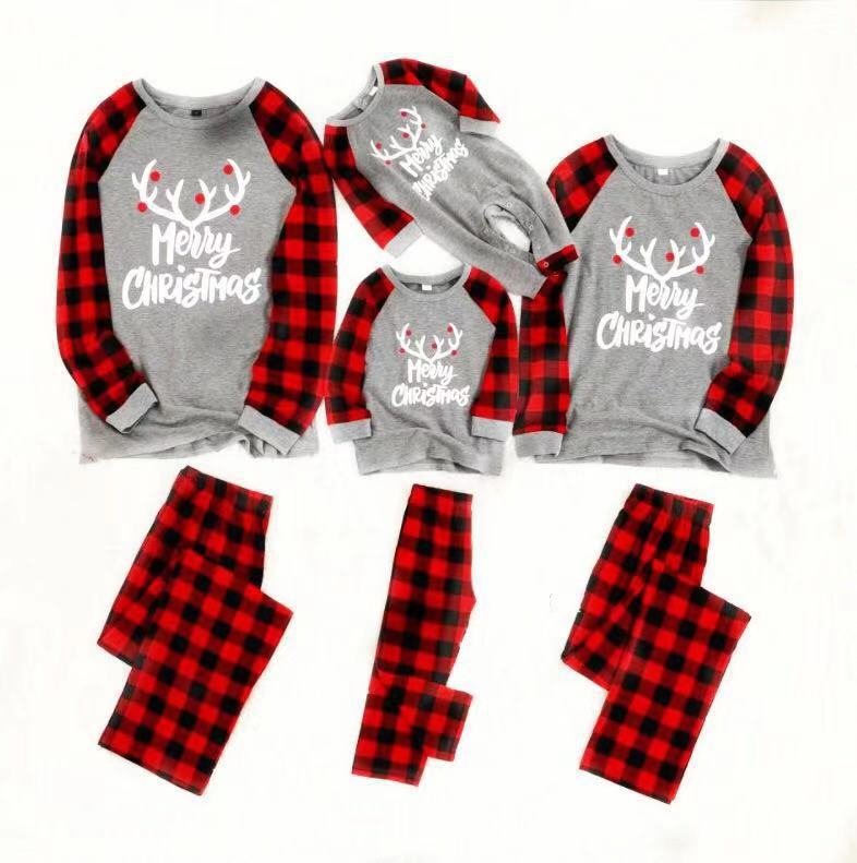 2022 New Merry Christmas Antlers Top And Plaid Pants Family Parent-child Pajamas Homewear