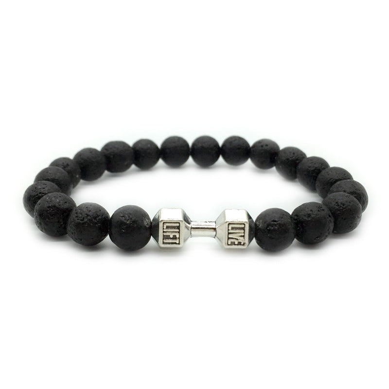 Mens Alloy Barbell Lava Rock Beads Dumbbell Bracelet