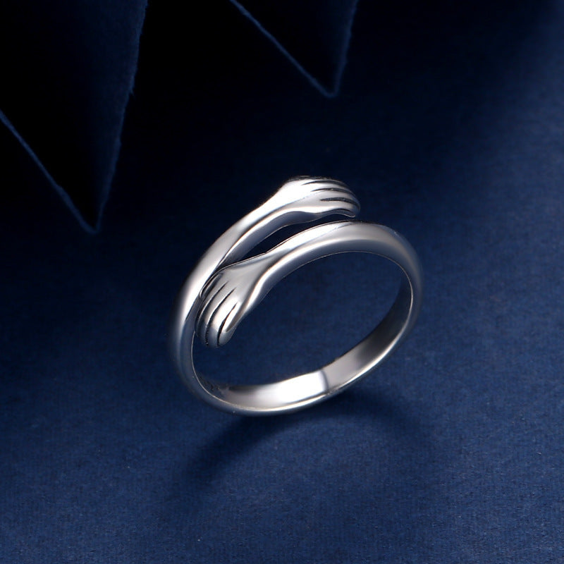 925 Sterling Silver Two-handed Hug Ring Female Retro Thai Silver Simple Ring