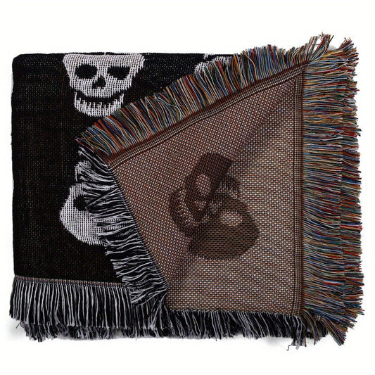 Cozy Bohemian Blanket with White Skull Print & Tassel Trim-0