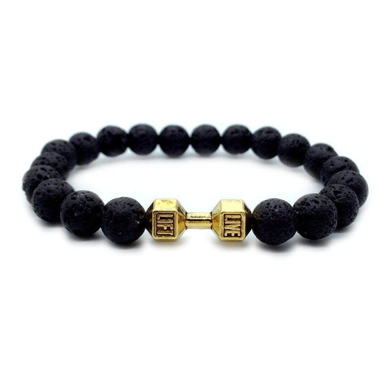 Mens Alloy Barbell Lava Rock Beads Dumbbell Bracelet