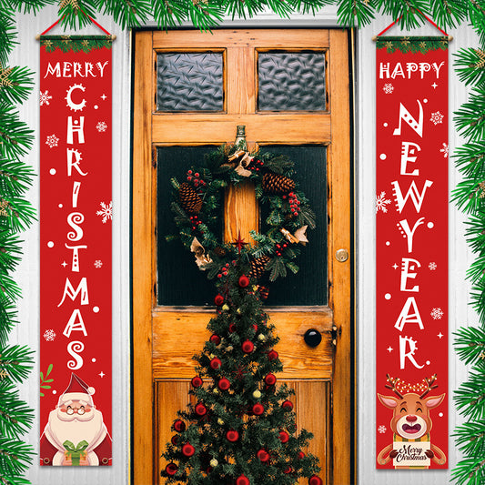 Christmas Door Curtain Couplet Hanging Flag Banner Decoration Shopping Mall Old Man Deer Decoration